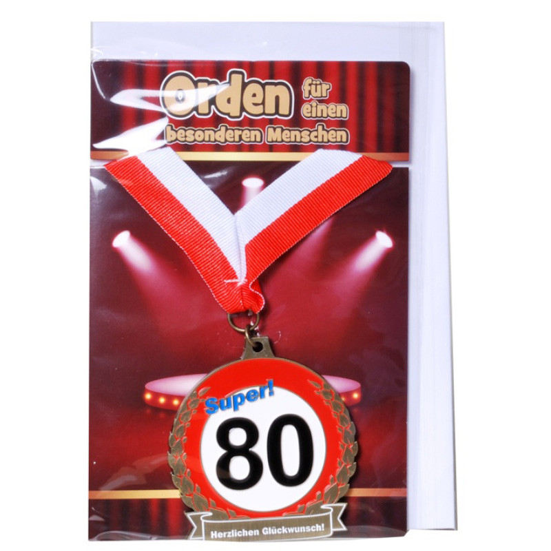 Udo Schmidt Orden 80 auf Karte mit rot weißem Band originelle Geburtstagsmedaille zum 80 Geburtstag